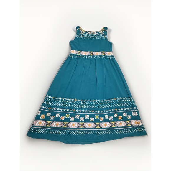 Sundance Dress Women's Size 12 Teal Aztec Embroidered Sleeveless Midi Boho Sheer - Picture 3 of 9